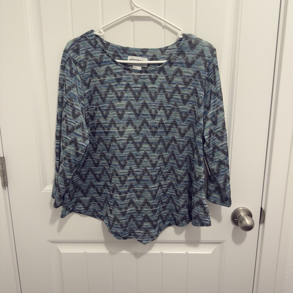 Alfred Dunner Women's Teal Blue Multicolor Blouse 3/4 Sleeve Size LP
